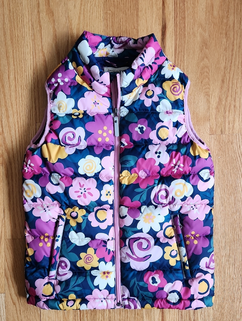 Hanna Andersson, Floral Navy Puffer Vest with Pink Trim, Sz 12